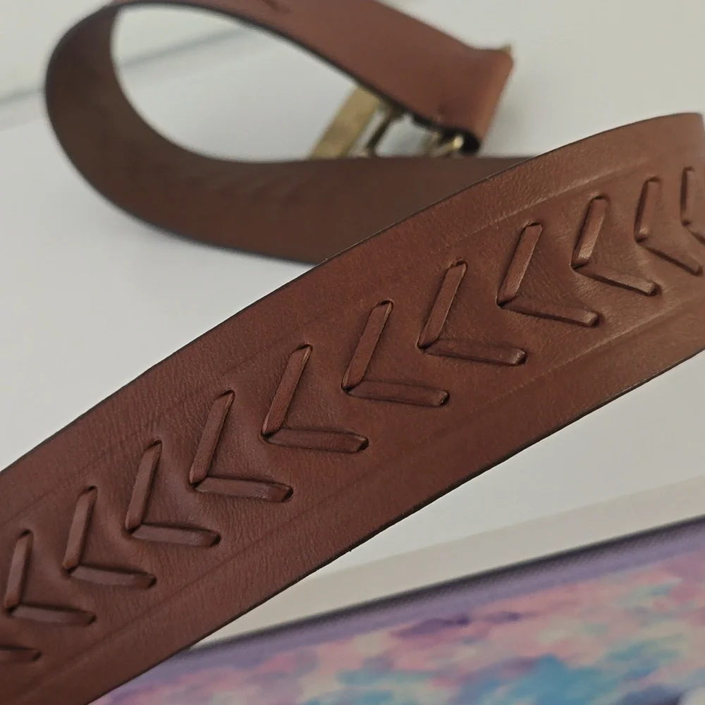 LAUREN Ralph Lauren Women's Tan Whipstitch Leather Belt Size L